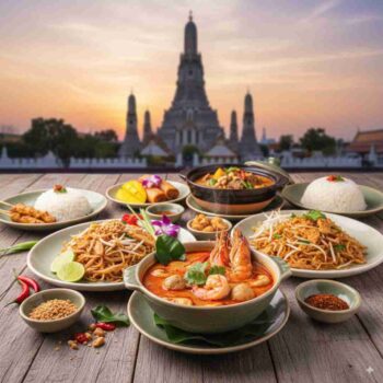 A delicious spread of Halal Thai food, including Tom Yum Goong and Massaman Curry, with Bangkok's Wat Arun temple in the background at sunset