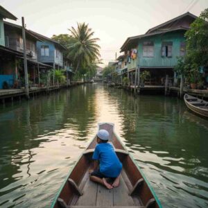 A young boy on a long-tail boat tour of the Thonburi canals, a unique cultural experience in this 5-day Muslim-friendly Bangkok itinerary.