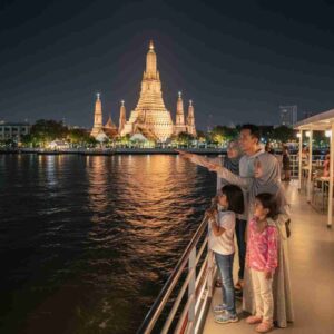 A Muslim family enjoying a Halal-friendly dinner cruise, admiring the illuminated Wat Arun at night during their 5-day Bangkok itinerary.