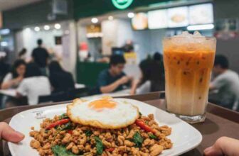 A tray of cheap Halal food from a Bangkok mall food court, a key tip for enjoying budget travel in the city.