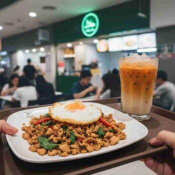 A tray of cheap Halal food from a Bangkok mall food court, a key tip for enjoying budget travel in the city.