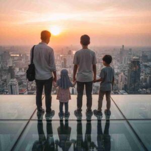A Muslim family bravely standing on the glass tray at Mahanakhon SkyWalk at sunset, a thrilling activity in their 5-day Bangkok itinerary.