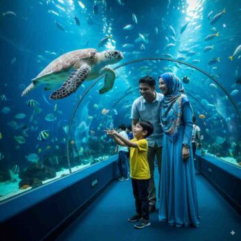 A Muslim family with a young child excitedly watches a sea turtle at SEA LIFE Bangkok Ocean World, a top family activity in Bangkok.